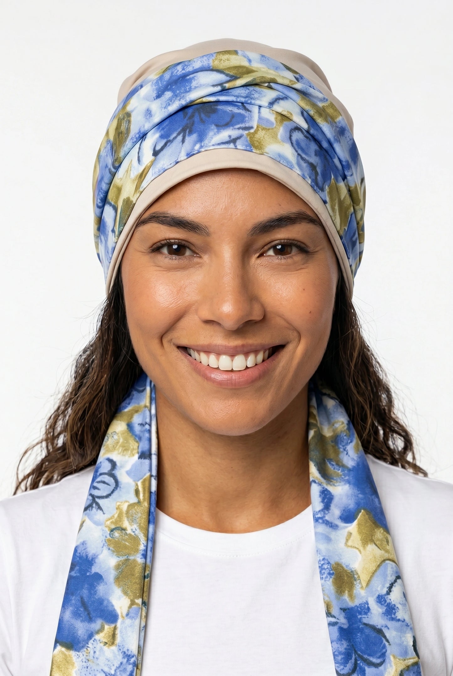 Turbante Tiras Largas Beige con Azul