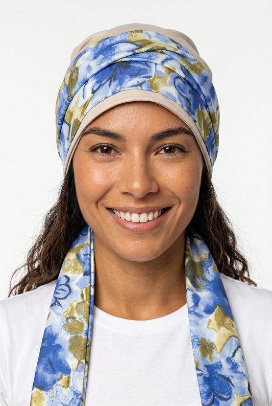 Turbante Tiras Largas Beige con Azul