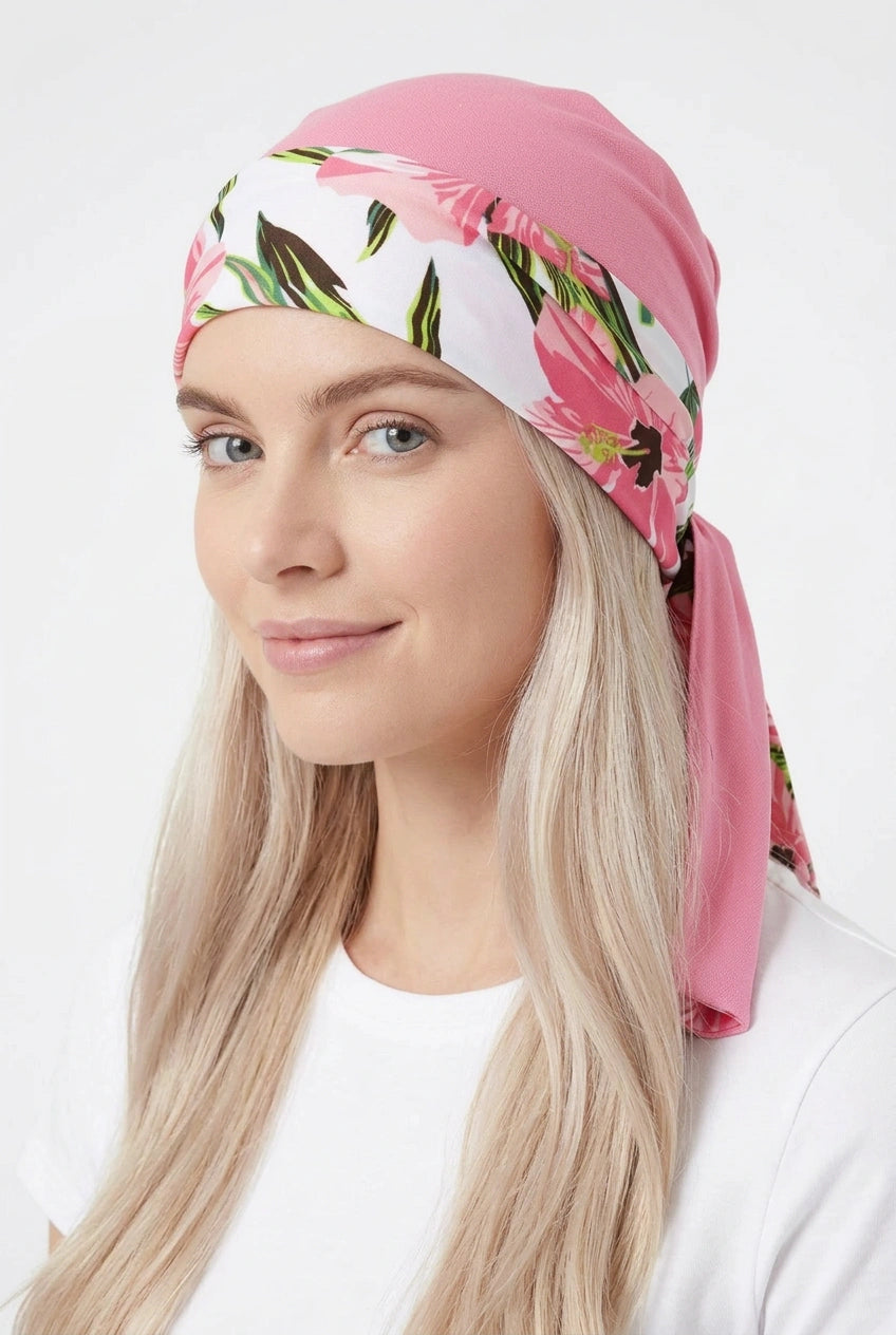 Turbante Reversible Floral Rosa y Blanco