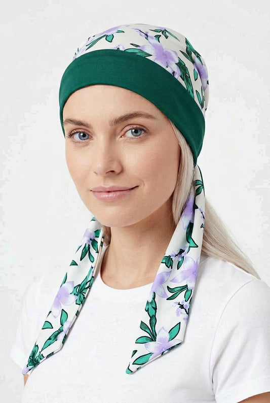 Turbante Reversible Floral Verde y Beige