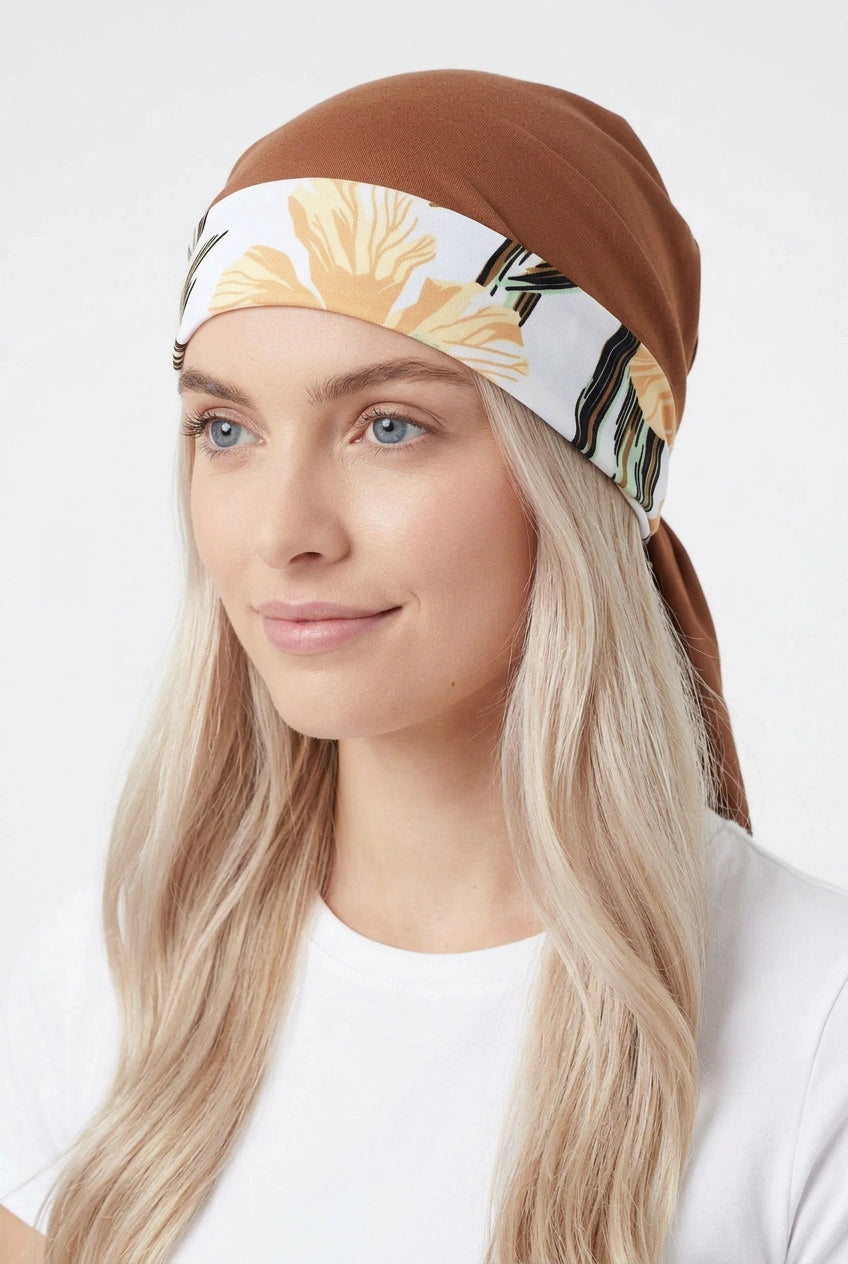 Turbante Reversible Floral Café y Blanco