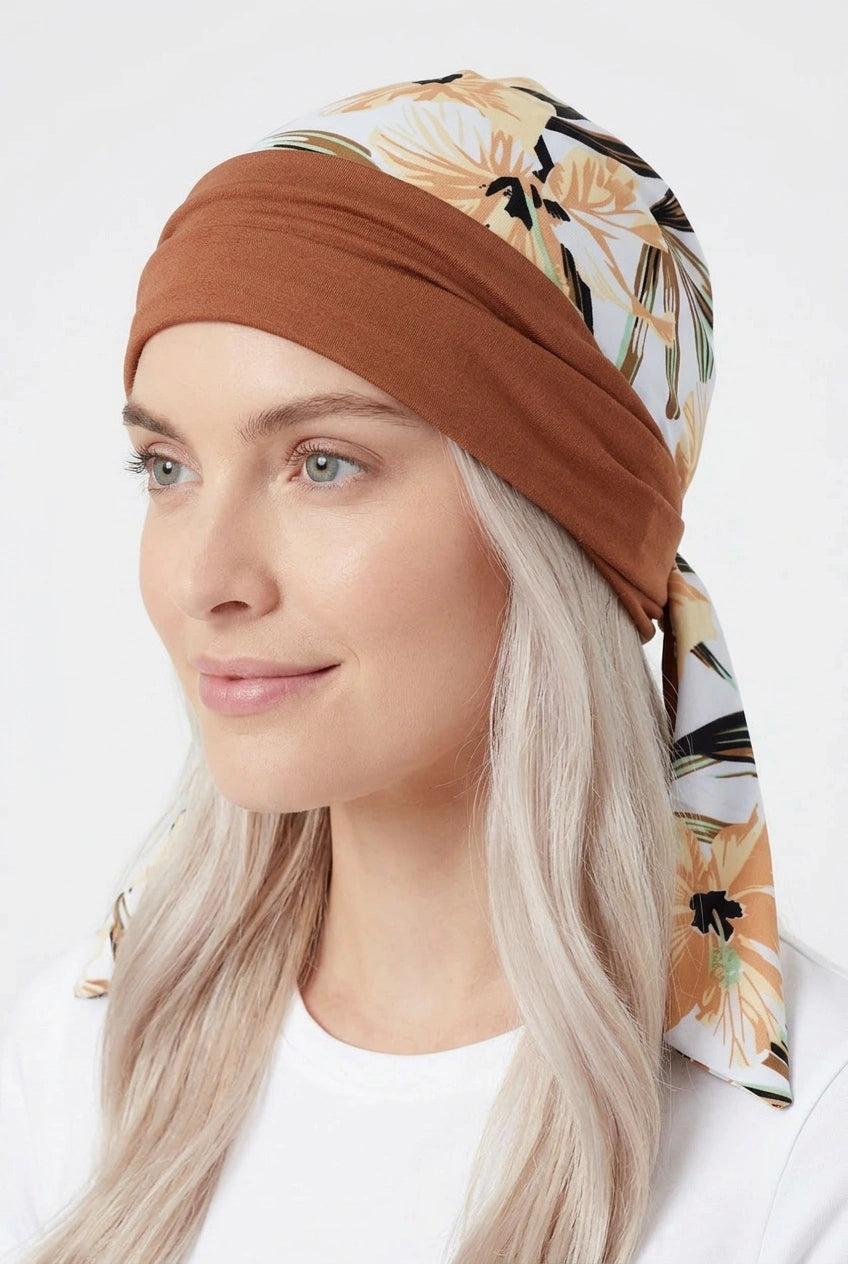 Turbante Reversible Floral Café y Blanco