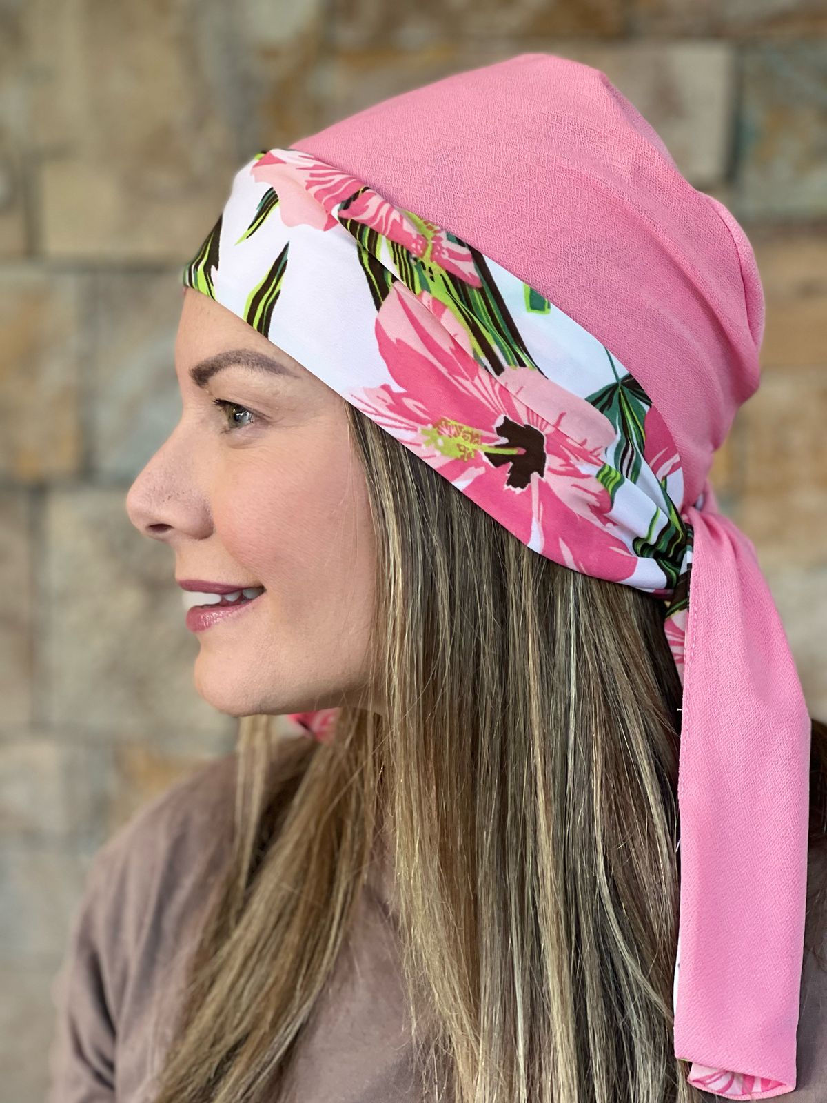 Turbante Reversible Floral Rosa y Blanco