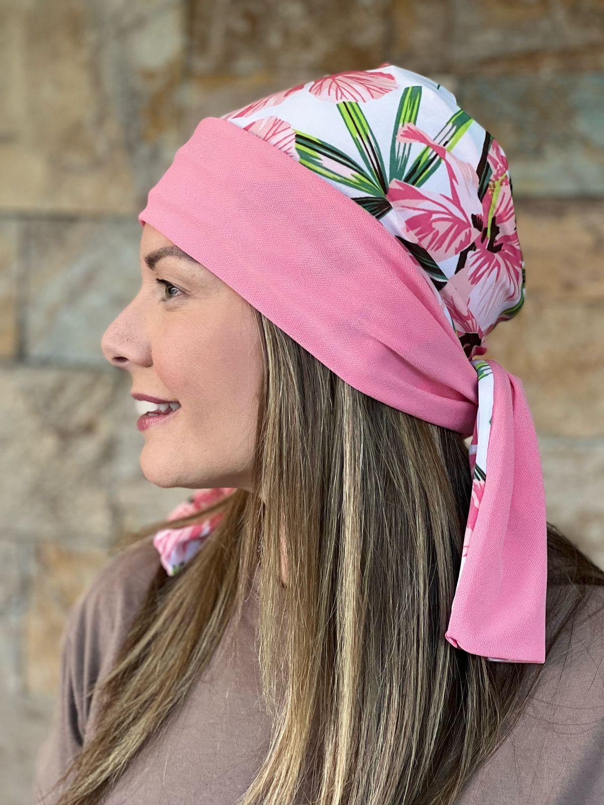 Turbante Reversible Floral Rosa y Blanco